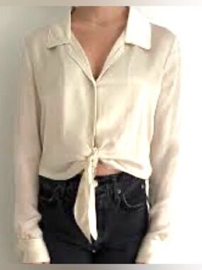 Wilfred Peaufiner Women's Satin Cream Tie-Front Button Collared Top size M